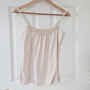 Beige Lace Trim Cotton Y2K Cami Tank Top Spaghetti Strap Top Size Small